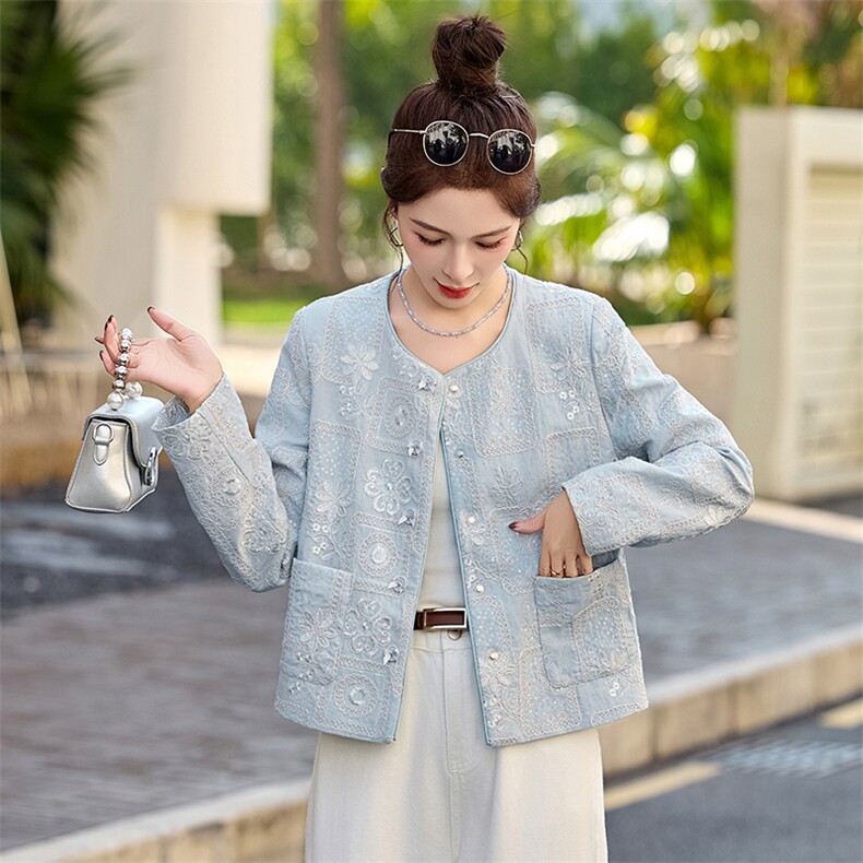 新中式刺绣亮片小香风短外套女2025春季新款小个子超好看圆领上衣,女装短外套,朵莱米
