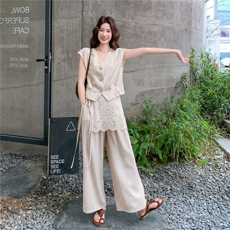2026夏季新款轻熟老钱风V领马甲蕾丝拼接阔腿裤两件套套装，女装套装/套裙，流量+
