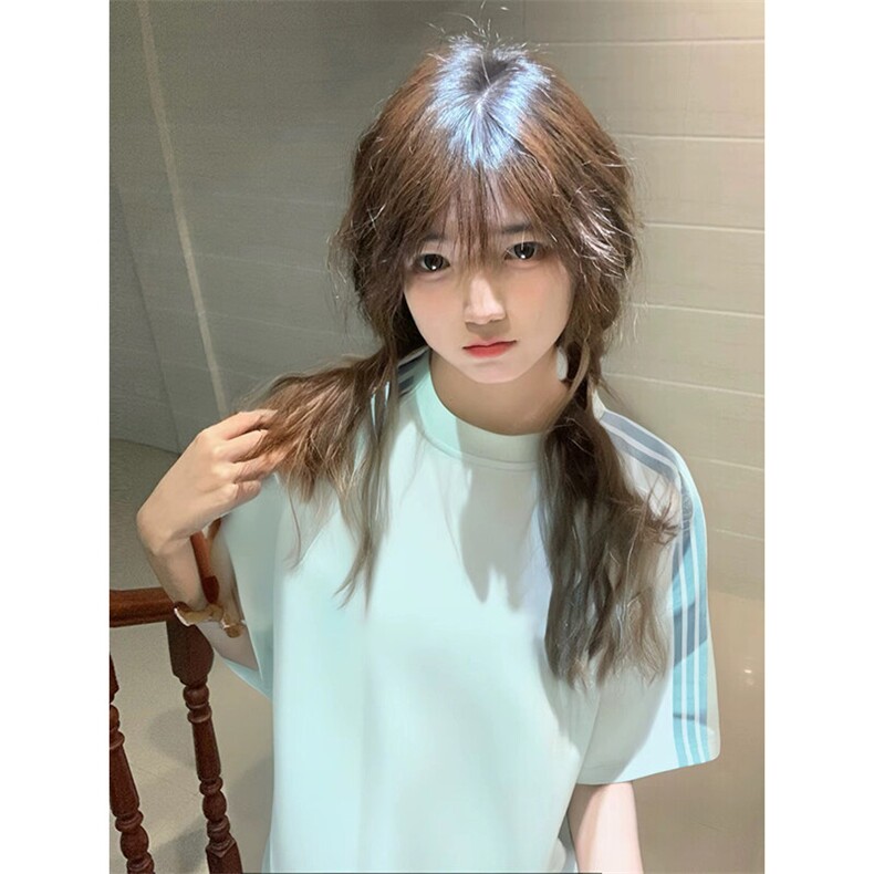 抖音得物品质二开240克宽松纯棉美式潮牌印花三条杠中性风短袖T恤图片