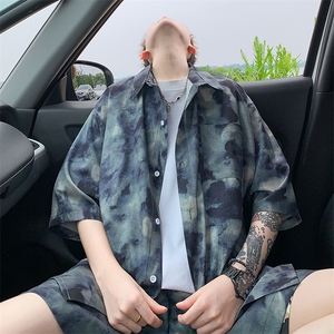 2025美式扎染印花冰丝凉感短袖衬衫薄套装 TZ2345/特P45 灰绿图片