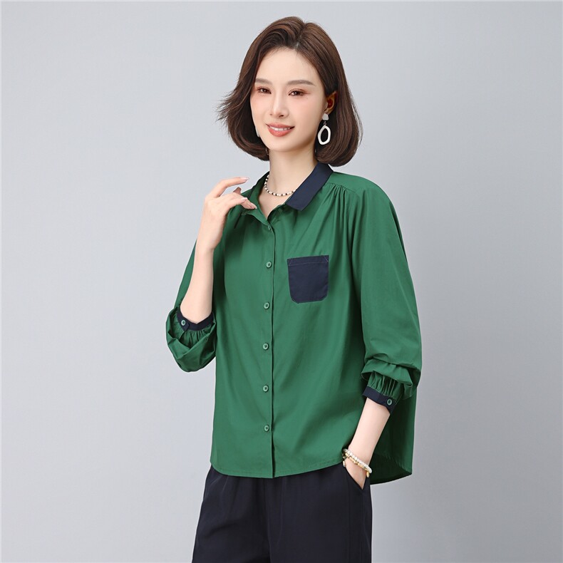 2025年秋季时尚撞色翻领纯棉100%休闲文艺衬衣,女装衬衫,依恋蒂丝