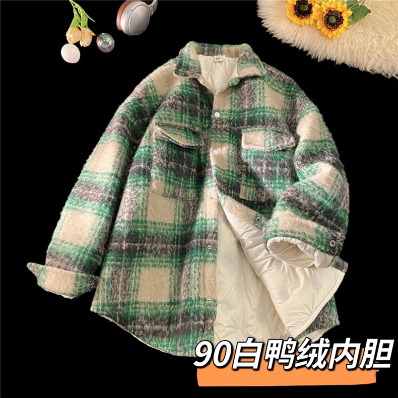 现货90白鸭绒毛呢料格子加厚羽绒服宽松大码外套A017YR99P225,男装羽绒服,电商A017