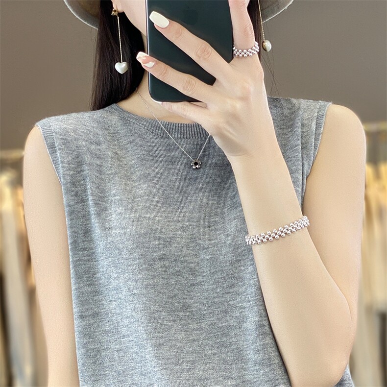 夏季新款精纺羊毛薄款针织吊带背心女圆领宽松内搭无袖上衣打底衫,女装背心吊带,臻维羊绒