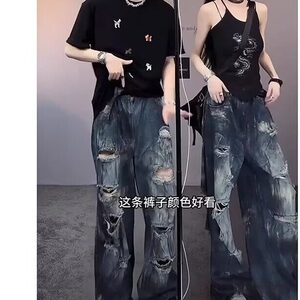 【有货】DBK3066-批58水洗破洞重工牛仔裤男夏季新款潮牌直筒裤图片