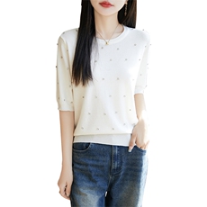 夏季春季新款上市通勤简约优质时尚显瘦百搭女士冰丝镶钻圆领短袖，女装T恤，越洋羊