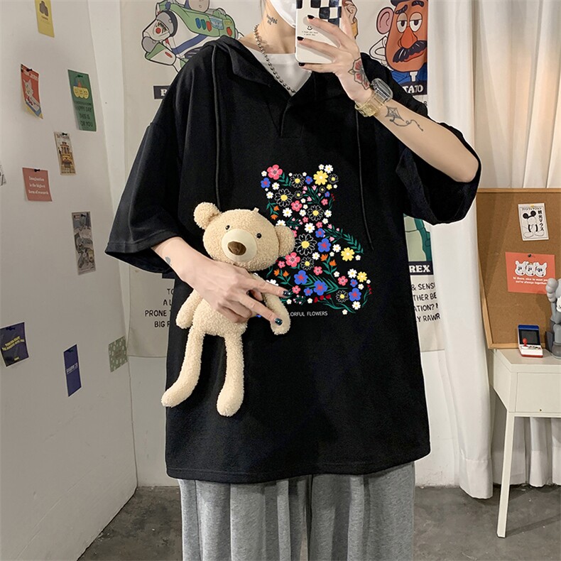 LD54206-P45连帽短袖t恤男大码胖子带帽五分袖中袖,男装T恤,电商A040