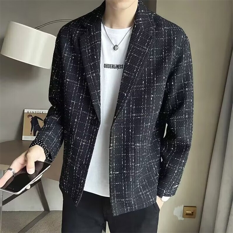 春秋季韩版潮流小香风西装外套男潮牌痞帅格子休闲西服高级感夹克,男装夹克,星座218-1（原230）