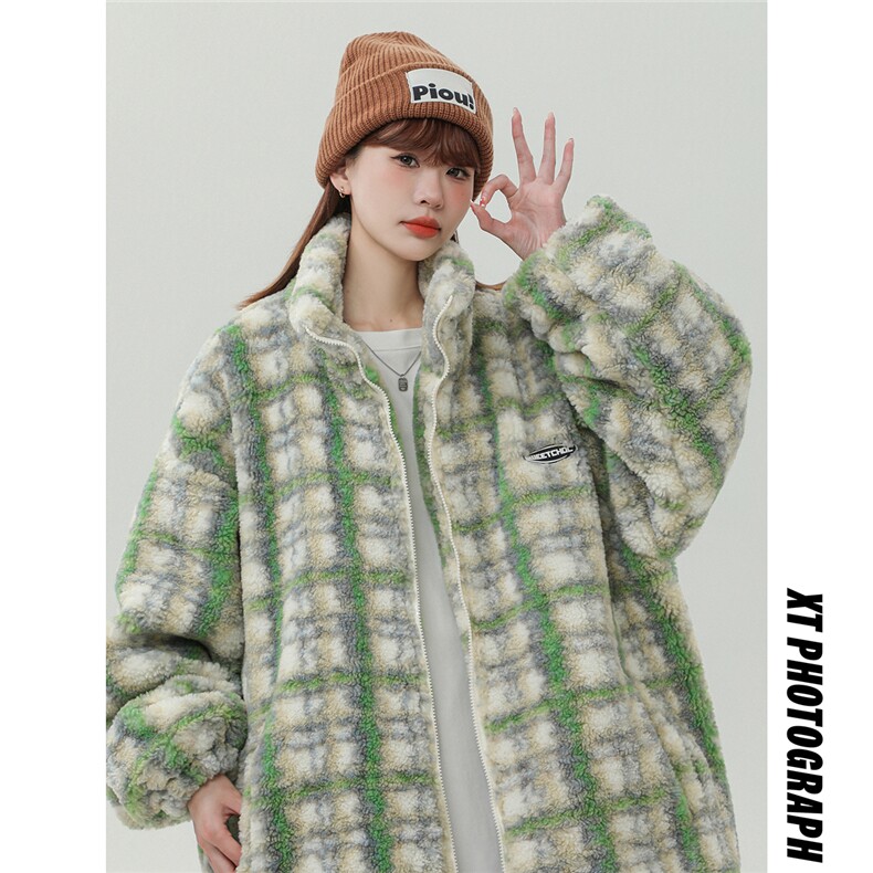 学院风美式秋冬复古格子条纹宽松羊羔毛棉衣外套XZ201-2Y21P138，男装棉衣，星座201-2