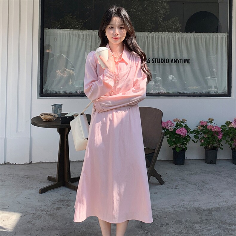粉色马甲拼接假两件连衣裙女2025春季新款法式温柔风小个子衬衫裙,女装套装/套裙,浙宝305