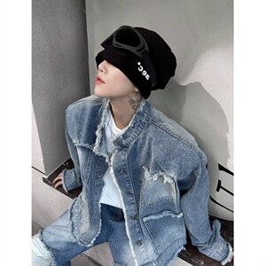 做旧毛边牛仔外套痞帅设计感男女复古水洗渐变宽松夹克上衣JK615图片