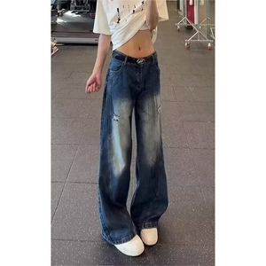 潮牌破洞牛仔裤男女微喇痞帅高级感弯刀裤SN693 P44图片