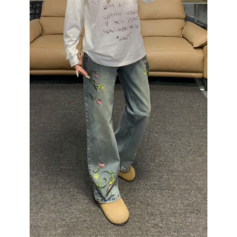 美式复古刺绣牛仔裤宽松直筒阔腿拖地长裤513ACK2511P43,男装牛仔裤,星座513A