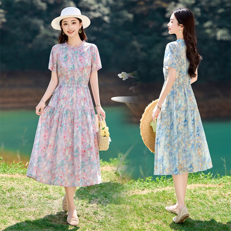 优雅气质休闲全棉碎花连衣裙女2026夏季新款收腰显瘦减龄印花长裙，女装连衣裙，倪叶myz