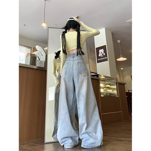美式水洗做旧阔腿牛仔裤女春秋高腰宽松阔腿直筒拖地裤N70055-p48图片
