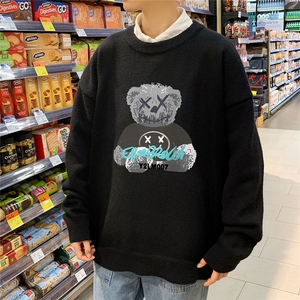 1港风圆领中性情侣潮流大码M-5XL印花加厚毛衣男7687P48加绒P55图片