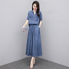 天丝牛仔套装女夏季2025新款时尚减龄遮肚子显瘦薄款阔腿裤两件套，女装套装/套裙，魅影