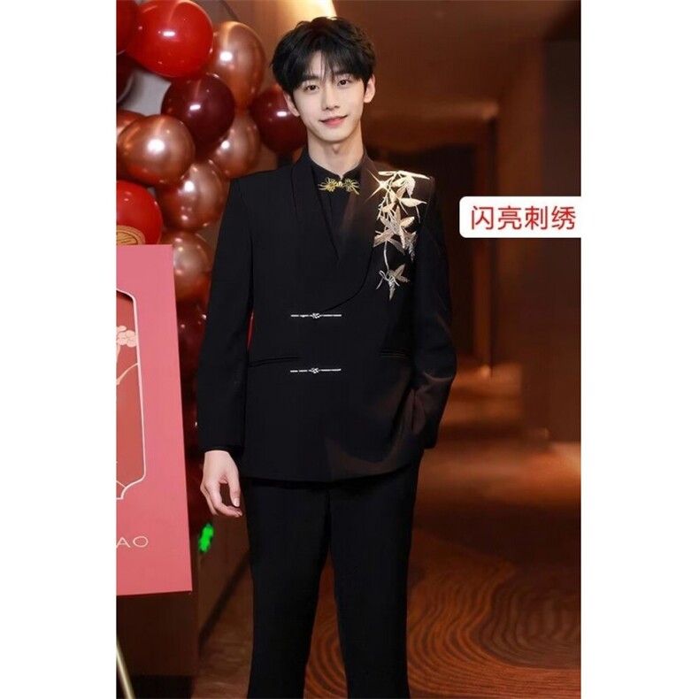 新中式风改良中山装男士春秋2025垫肩西装外套翠竹刺绣上衣,男装西服套装,星座601-1