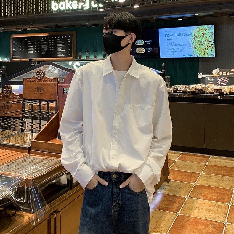 A925-P42 美式潮牌宽松休闲衬衣男款黑色白色百搭痞帅长袖衬衫图片