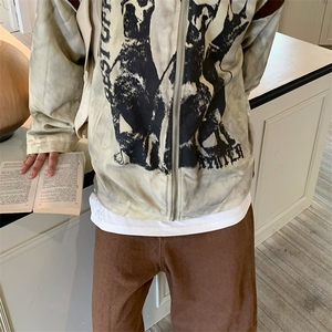 美式嘻哈做旧脏洗涂鸦翻领夹克男女宽松潮牌街头外套 J612-P68图片