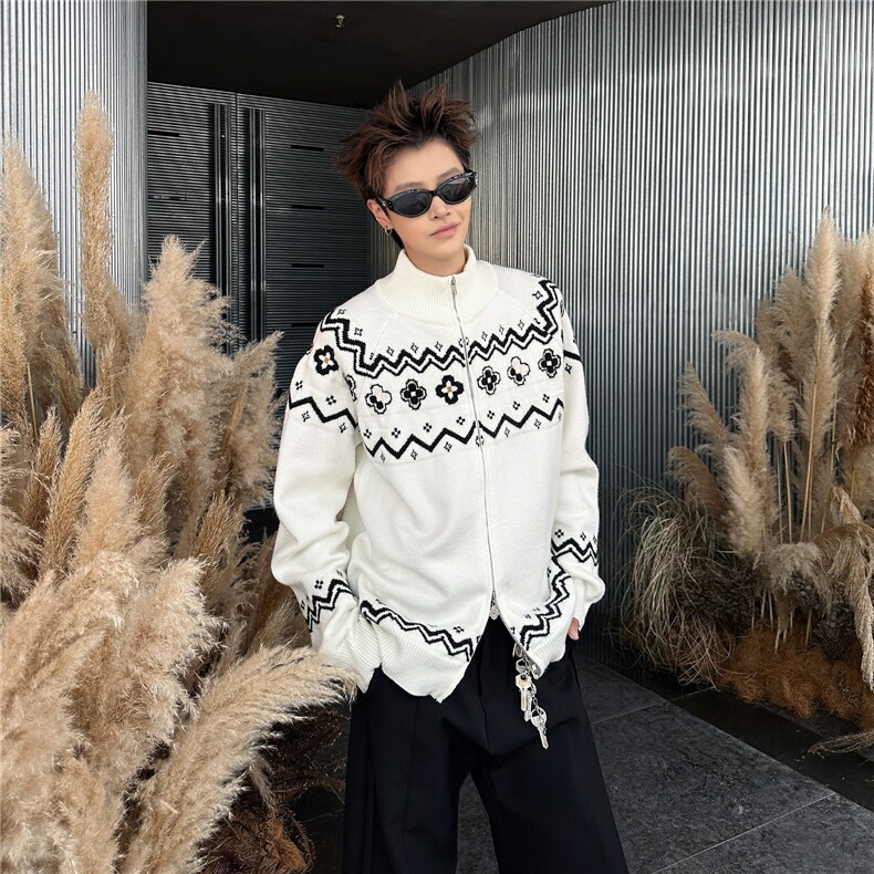 民族风花瓣费尔岛宽松慵懒感开衫立领毛衣男女同款秋冬季针织外套，男装针织衫/毛衣，星座506A