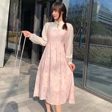 现货2024年春季女民族风盘扣领口修身显瘦网红法式连衣裙，女装连衣裙，煊芮熙