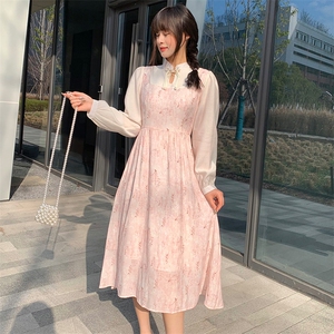现货2024年春季女民族风盘扣领口修身显瘦网红法式连衣裙图片