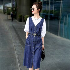 2022韩版时尚新品牛仔背带裙修身显瘦气质长裙百搭潮流女装连衣裙，女装连衣裙，钱塘布衣