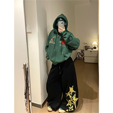 美式复古开衫拉链连帽卫衣外套女秋季宽松潮牌刺绣潮LB60133-P59，女装短外套，星座1008