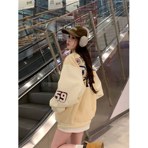 A514-P85复古字母植绒刺绣棒球服春季潮流百搭情侣夹克上衣外套