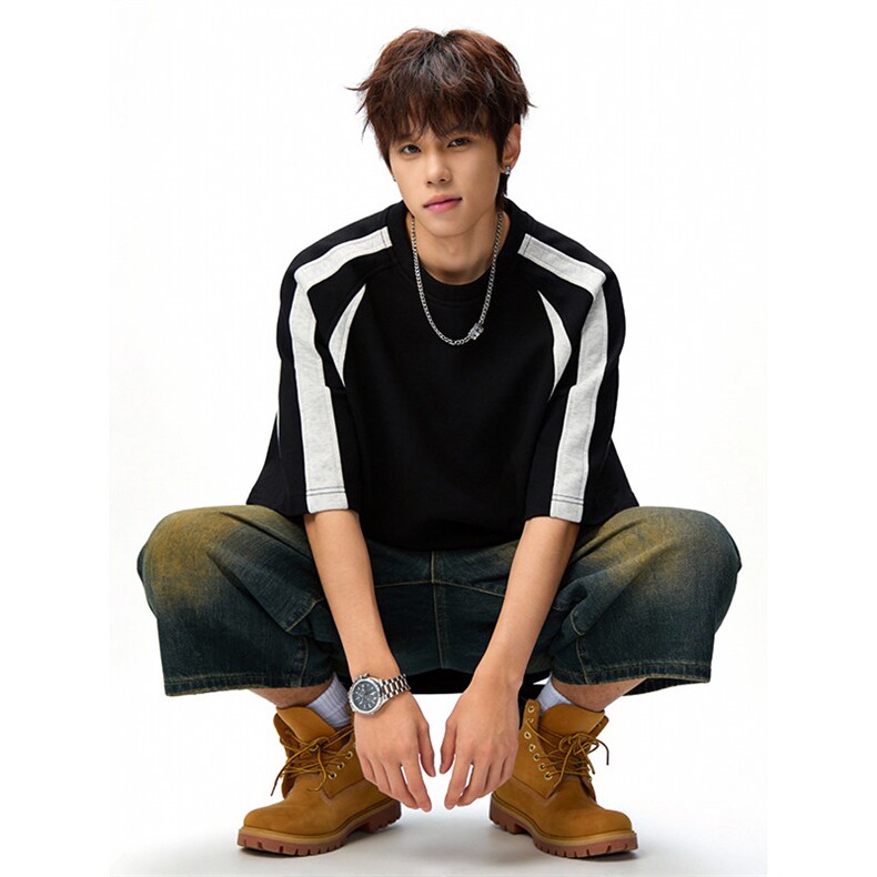 2026夏季新款华棉270g撞色拼接宽松短袖DT6262特P25建议零售价58，男装T恤，电商A001-1