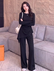 女春秋高级感穿搭一整套时尚气质套装不规则长袖上衣微喇裤两件套，女装套装/套裙，江南