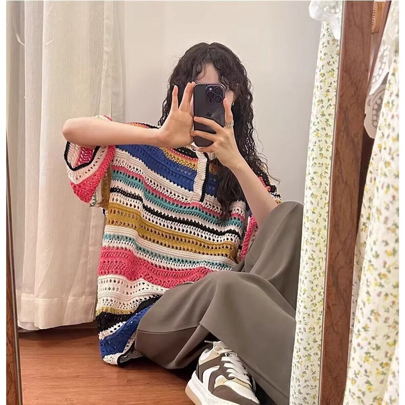 彩色冰丝条纹镂空针织polo衫t恤女夏季正肩港风chic别致短袖上衣,男装T恤,星座506A