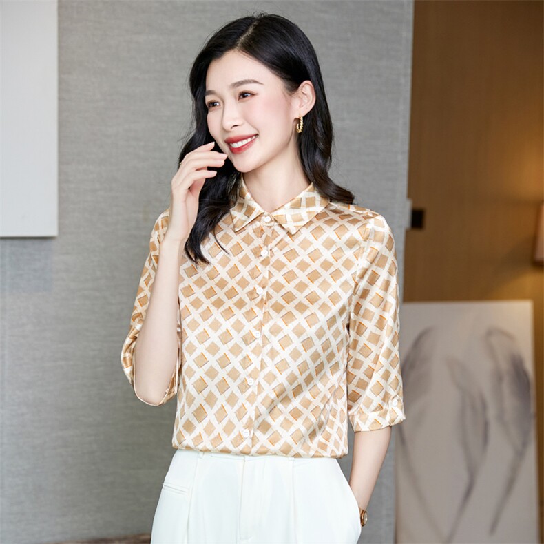 杭州真丝衬衫女五分袖中袖重磅桑蚕丝上衣衬衣气质夏装中年妈妈装图片