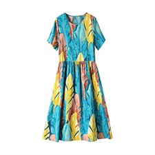 2021年夏季中长款通勤韩版套头A字裙民族风连衣裙印花高腰裙短袖，女装连衣裙，伊满意