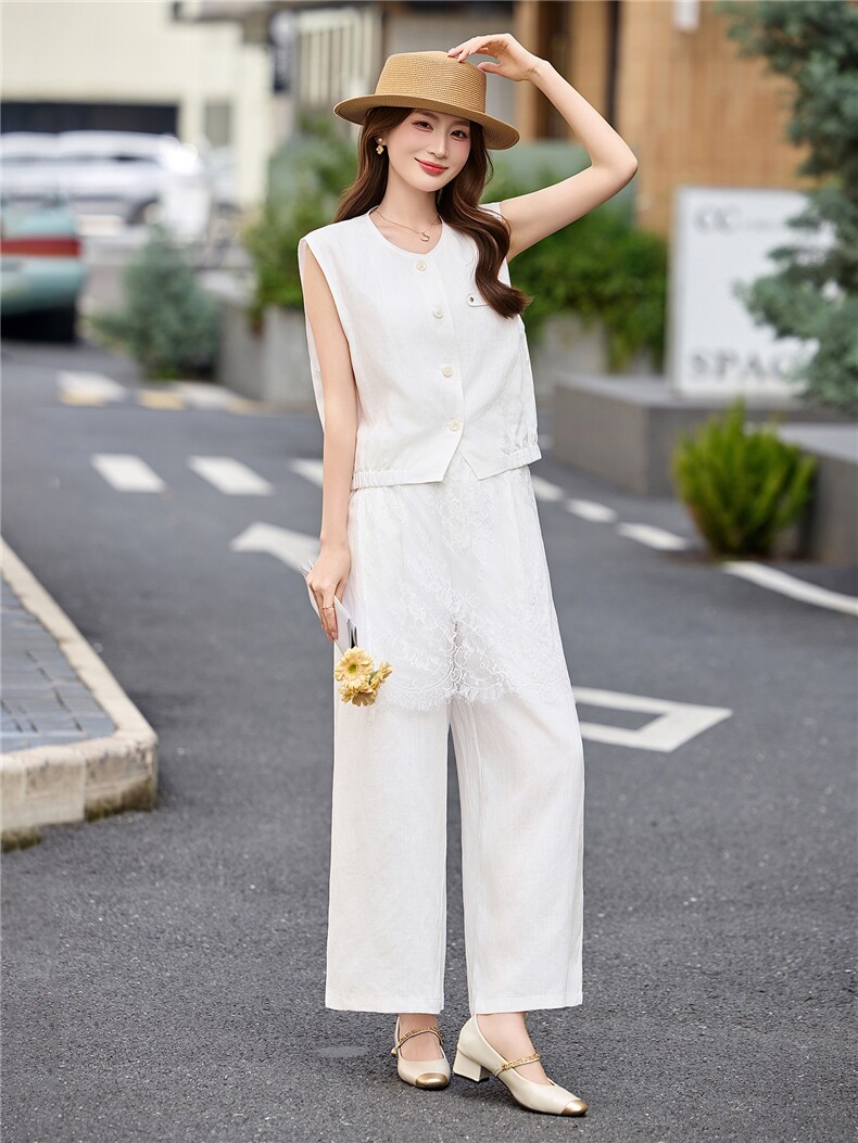现货轻熟风气质套装女2026夏季麻料薄款西装马甲上衣阔腿裤两件套,女装套装/套裙,艾仟回(原伊仟回)