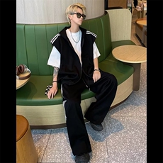 2026年夏装三条杆运动套装男女连帽马甲阔腿长裤休闲两件套~TZB66，男装休闲套装，星座601-2