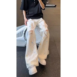 白色泼墨破洞牛仔裤男款夏季美式高街裤子高腰直筒宽松阔腿裤图片