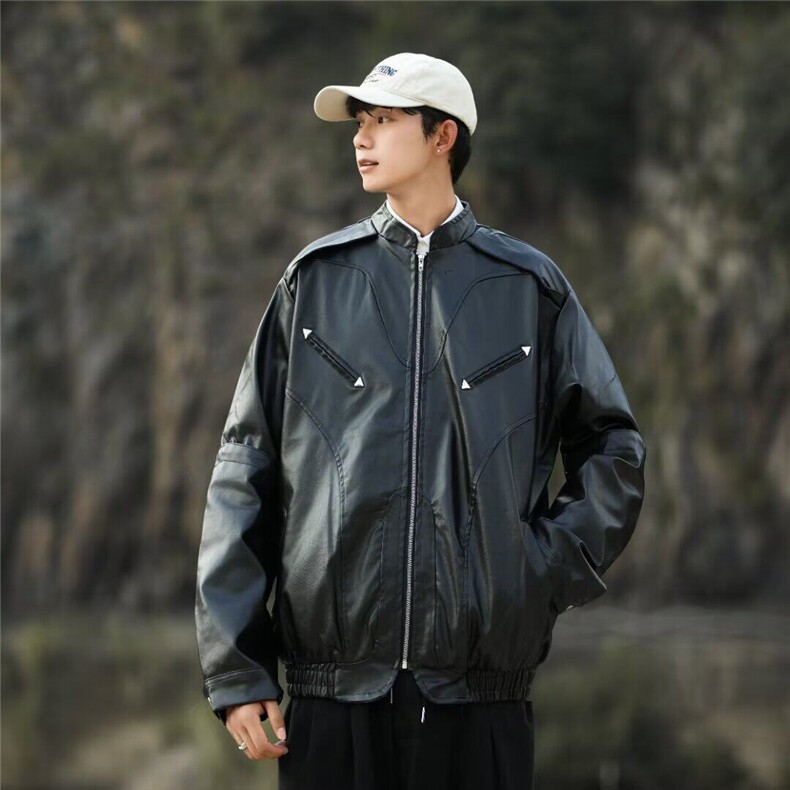 美式PU皮棒球服外套男痞帅穿搭秋冬2025设计感机车夹克W6120-P81,男装夹克,星座412-2
