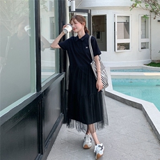 法式别致黑色短袖连衣裙女2025夏季新款高级感绝美显瘦网纱长裙子，女装连衣裙，2C205