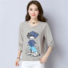 卡通动漫拼接人物T恤通勤圆领印花创意长袖宽松2021年秋季韩版百搭，女装T恤，丽影随形