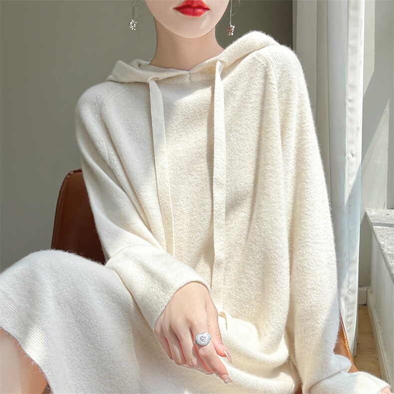 中长款100%纯羊毛衫连衣裙女加厚抽绳连帽毛衣过膝长裙宽松羊毛裙，女装羊毛衫，萱芳婷羊绒