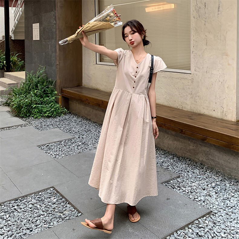 法式粉色V领连衣裙女2025夏季新款轻熟风修身显瘦中长款衬衫裙子,女装连衣裙,维壹