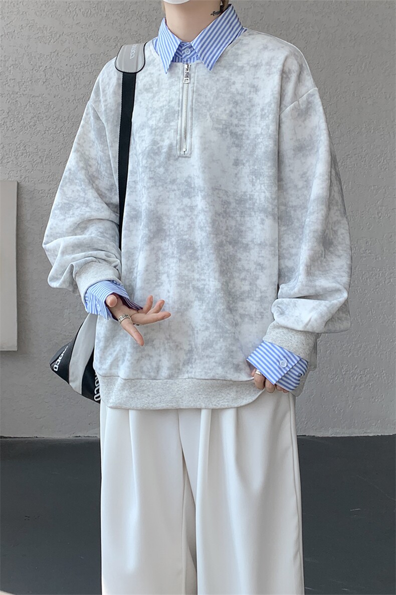 新款假两件条纹拉链衬衫领休闲春款卫衣高街休闲学院卫衣特P50,男装卫衣,电商B319