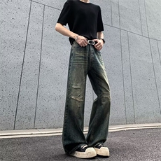 山小川潮牌破洞牛仔裤男美式高街设计感小众做旧水洗宽松直筒长裤，男装牛仔裤，四季星座505
