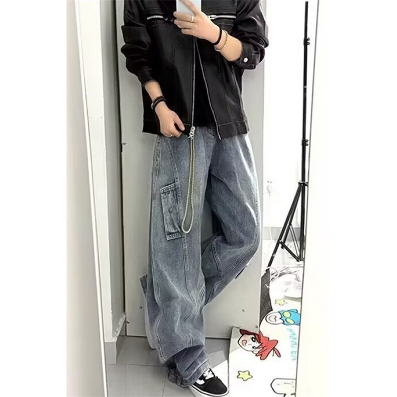 柳钉设计口袋工装牛仔裤男女复古秋季阔腿裤做旧水洗N558,男装牛仔裤,星座1116A（原606A-3）