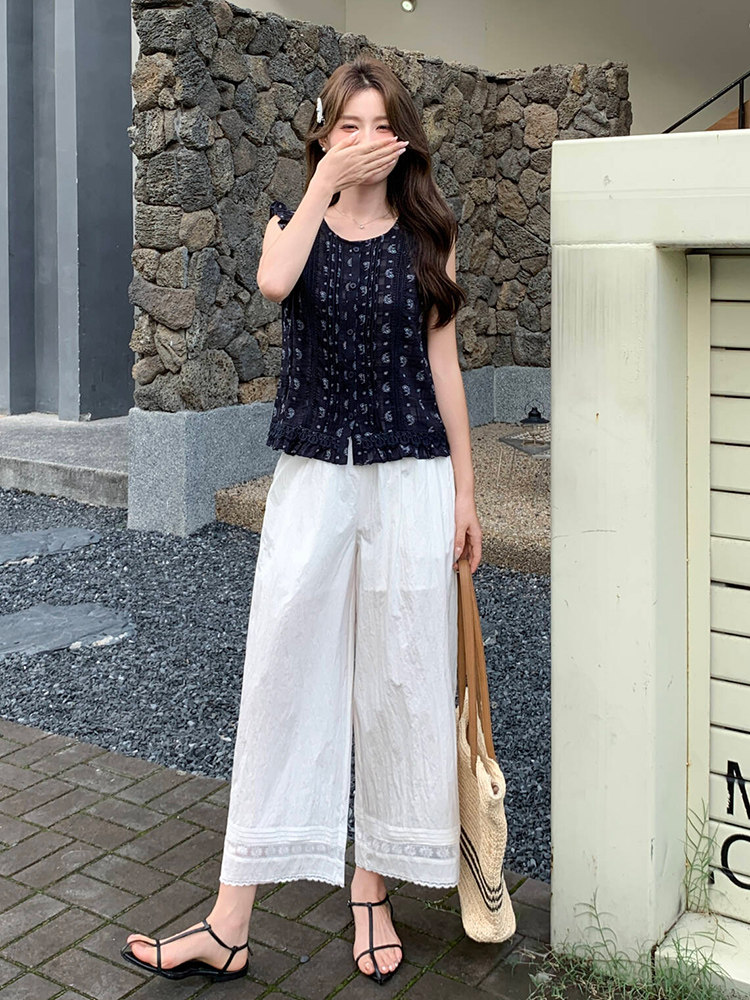2026夏季新款韩系穿搭一整套轻熟气质无袖上衣宽腿裤两件套,女装套装/套裙,超帛