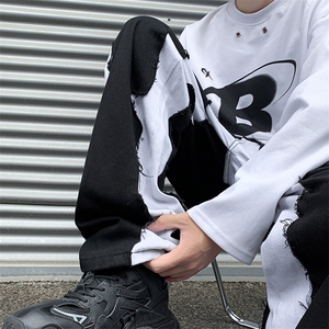 8XL-M 特大码美式高街ins小众vibe鸳鸯黑白拼接直筒牛仔裤K929P60图片