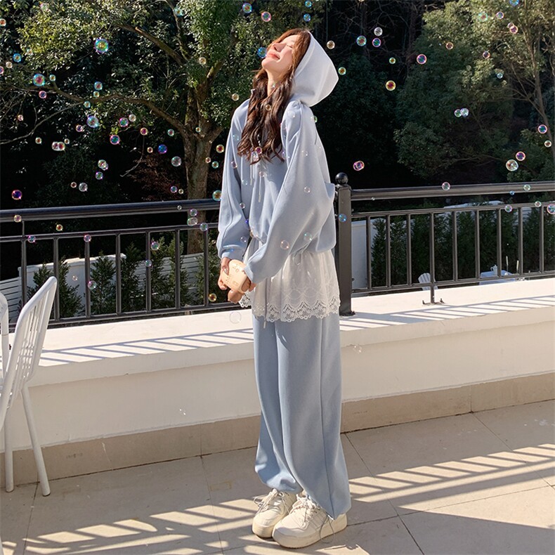 现货--蕾丝边拼接蓝色卫衣运动套装女春秋2025新款两件套,女装套装/套裙,帛锦泉