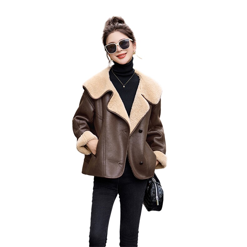 韩版时尚翻领皮毛一体羊羔毛外套女2025年冬季新款小个子短款上衣,女装短外套,魅影