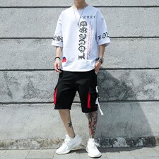 新款夏季短袖t恤男装潮流帅气宽松半袖套装青少年体恤上衣F178P70，男装休闲套装，电商A086